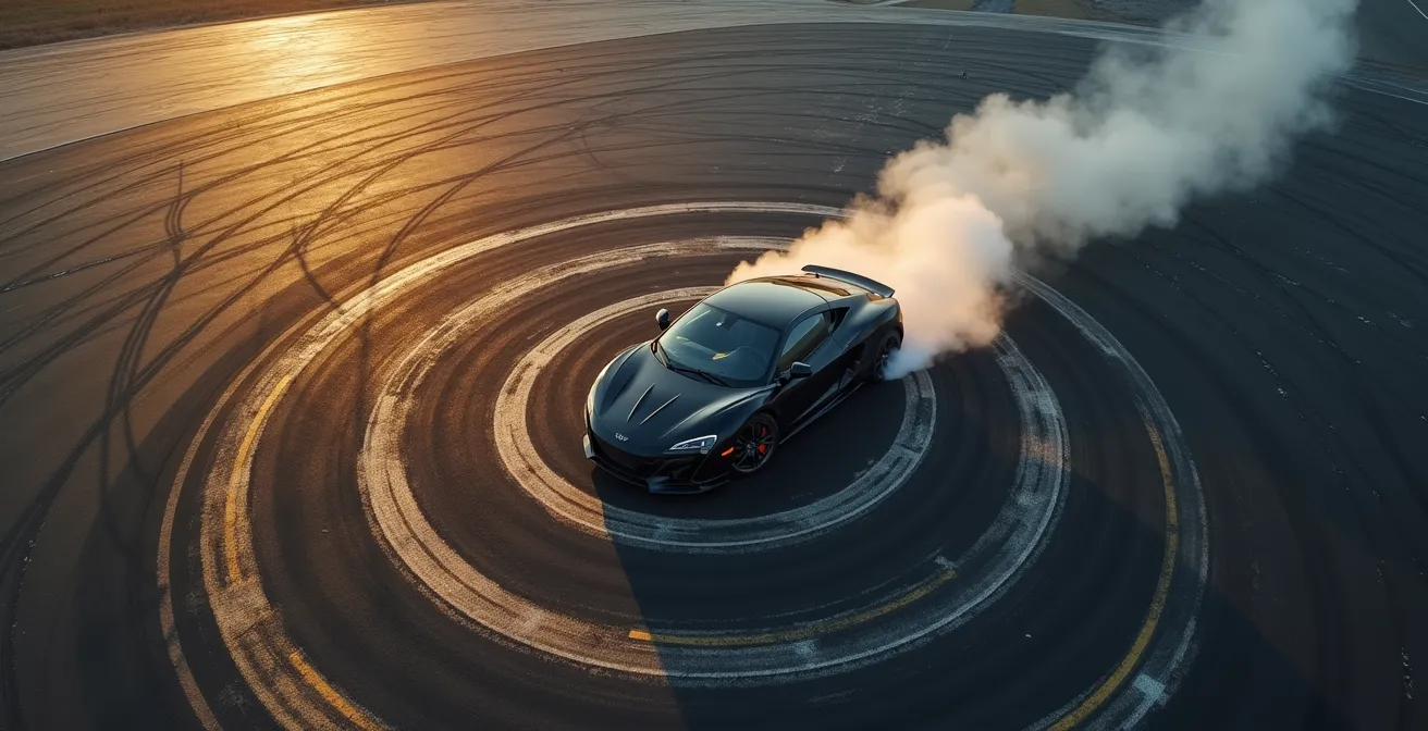 Vue aérienne d'une voiture de sport effectuant un cercle parfait sur un skidpad, traces de pneus visibles formant des cercles concentriques