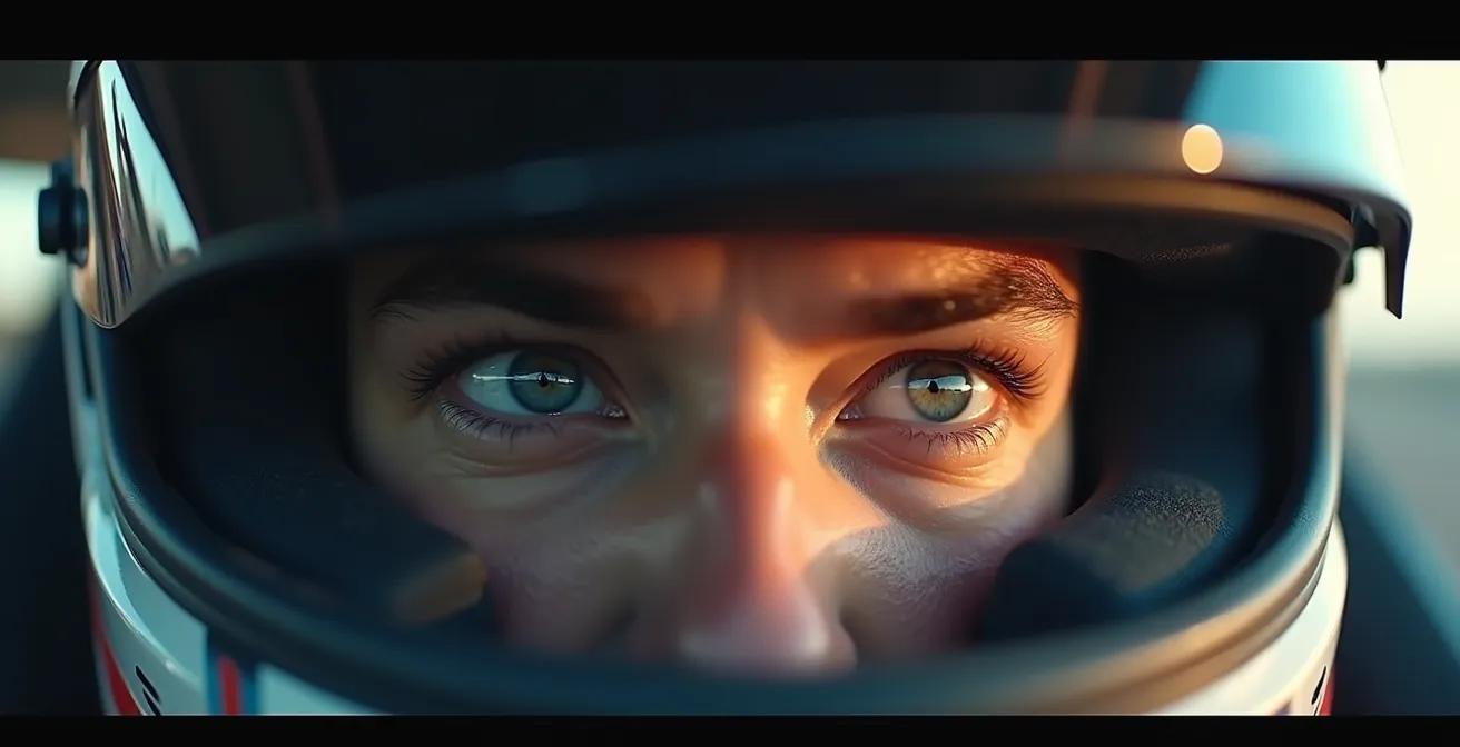 Gros plan sur les yeux d'un pilote regardant au loin à travers un casque de course, reflet subtil d'un virage dans la visière