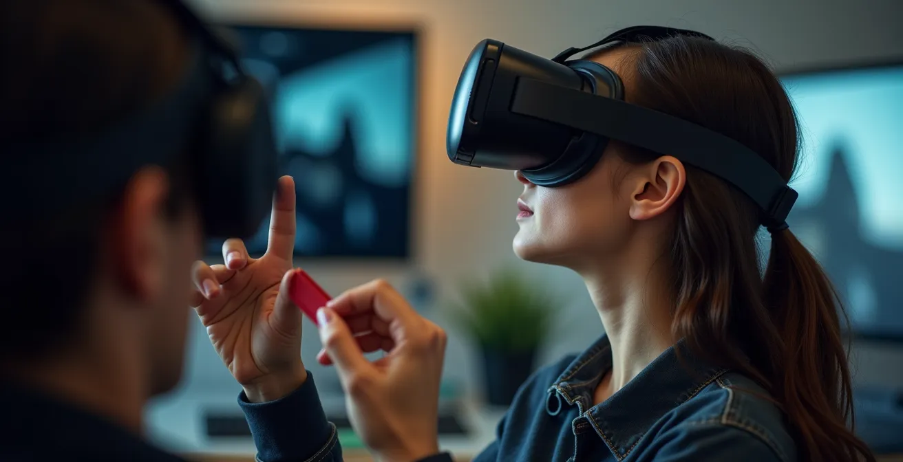 Personne ajustant un casque VR sur sa tête dans un environnement de simulation