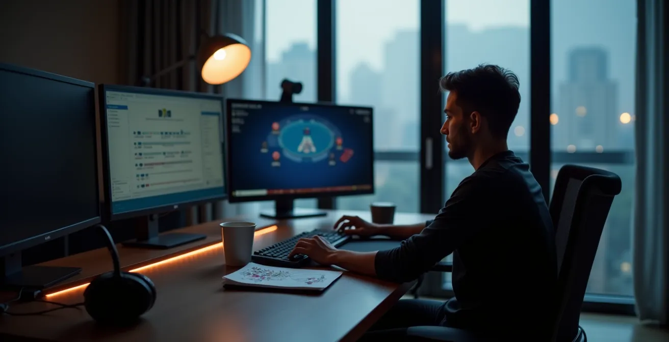 Vue large d'un environnement de travail montrant l'analyse des lobbys pour la sélection de tables