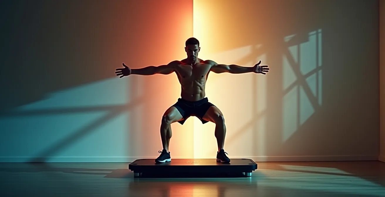 Vue d'ensemble d'un athlète en position de squat avec visualisation abstraite de l'équilibre musculaire