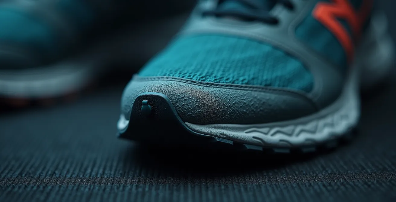 Gros plan macro sur capteur de vitesse footpod fixé à une chaussure de course