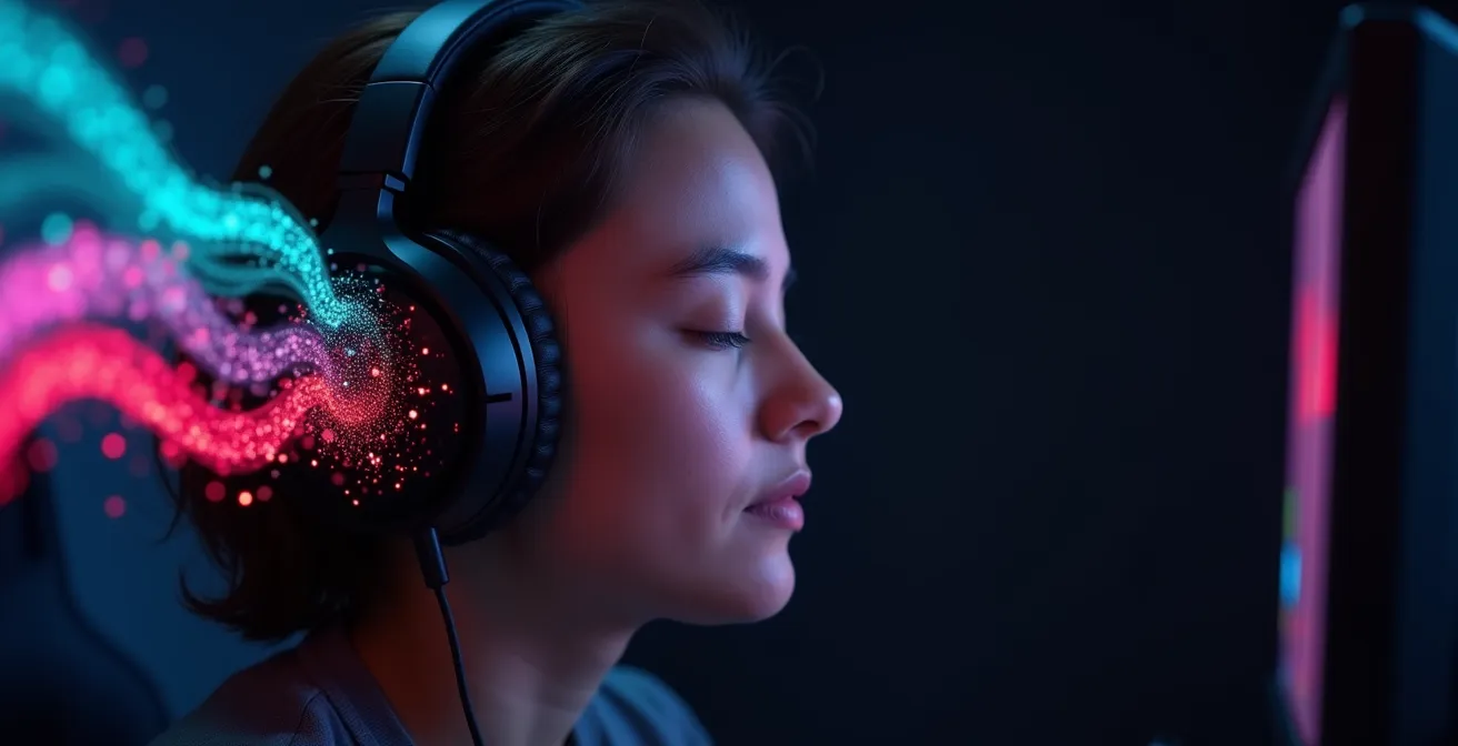 Casque audio ouvert avec ondes sonores tridimensionnelles visualisées