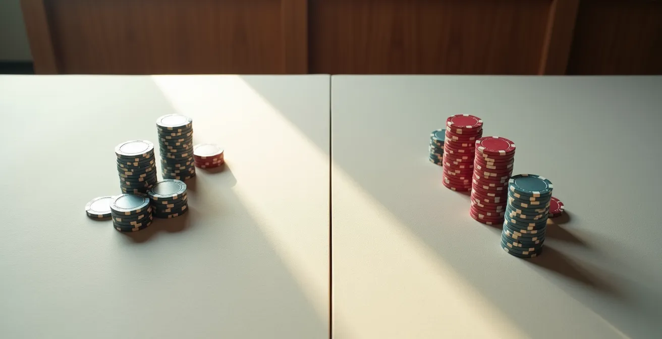 Vue de dessus d'une table de poker montrant deux stratégies de mise différentes avec des jetons