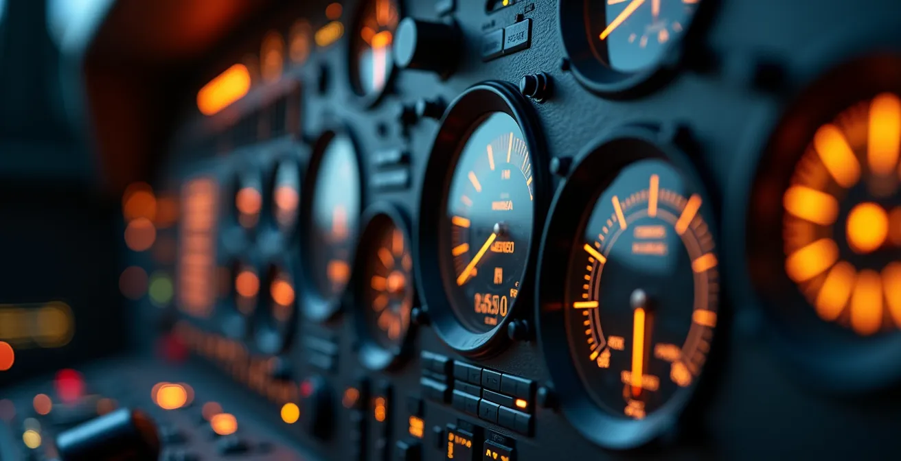Vue immersive d'un cockpit de simulation avec focus sur la clarté des instruments