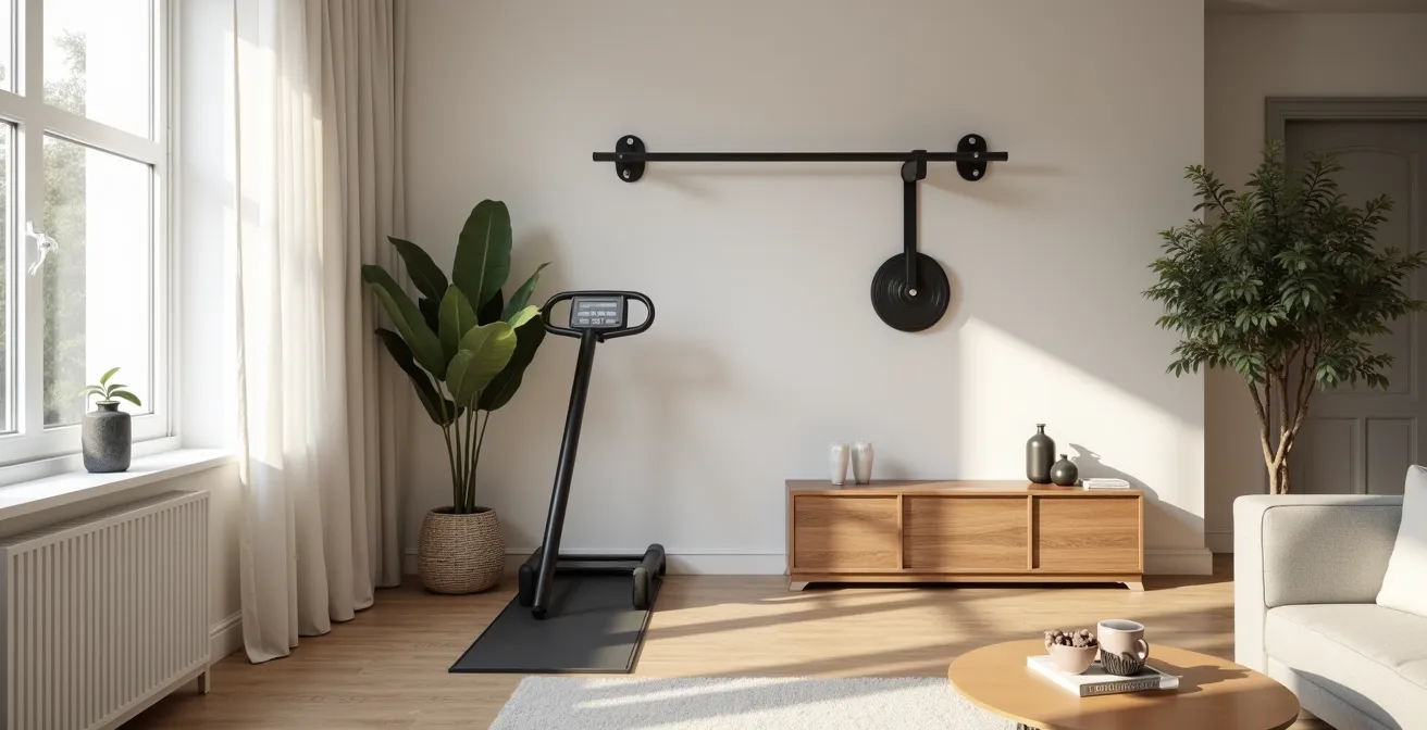 Espace d'entraînement de 2m² intégré harmonieusement dans un salon moderne avec équipements pliables et rangements muraux