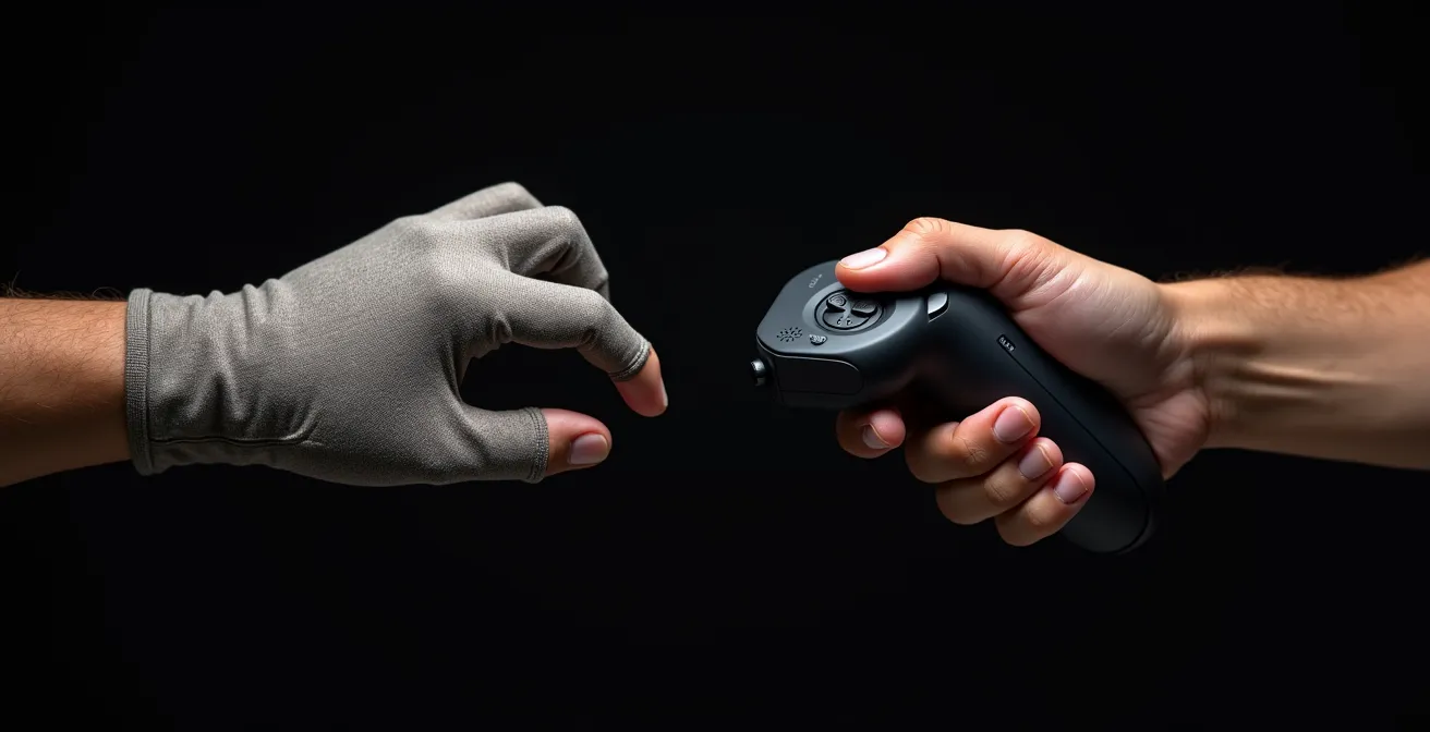 Mains comparant l'utilisation de gants haptiques et de manettes VR pour la manipulation d'objets virtuels