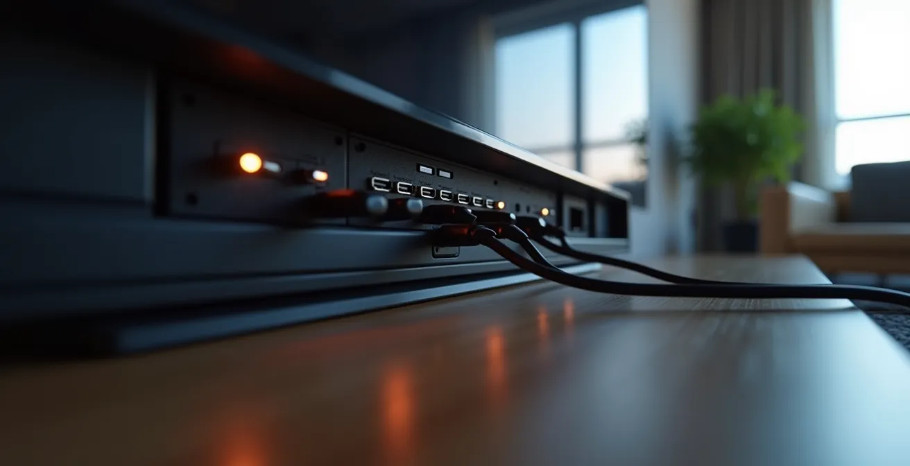 Interface de configuration TV gaming avec câbles HDMI et réglages visuels