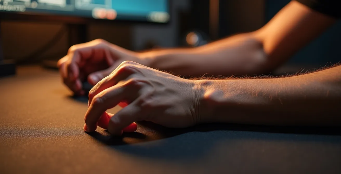 Vue macro détaillée d'un poignet en mouvement avec mise en évidence des tendons et muscles en action