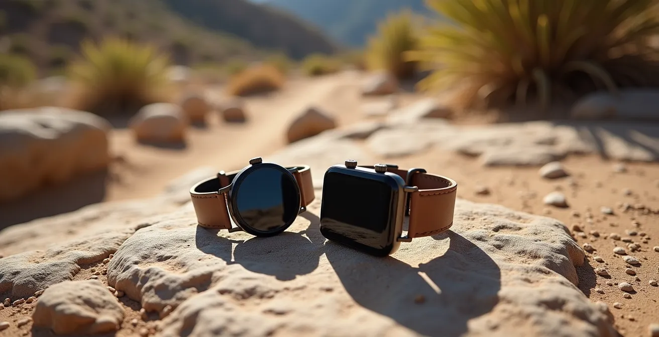 Comparaison de deux écrans de montre sous lumière directe du soleil, l'un brillant et l'autre mat.