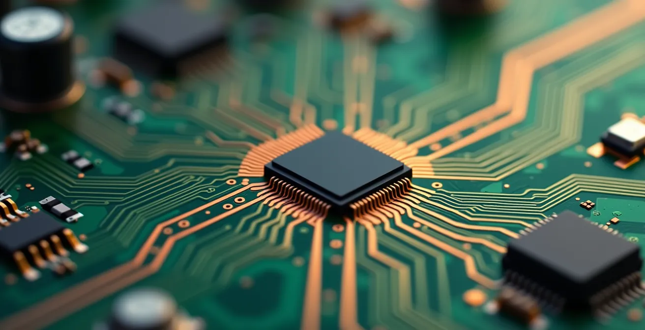 Vue macro d'un contrôleur Thunderbolt montrant les composants électroniques nécessitant des mises à jour firmware