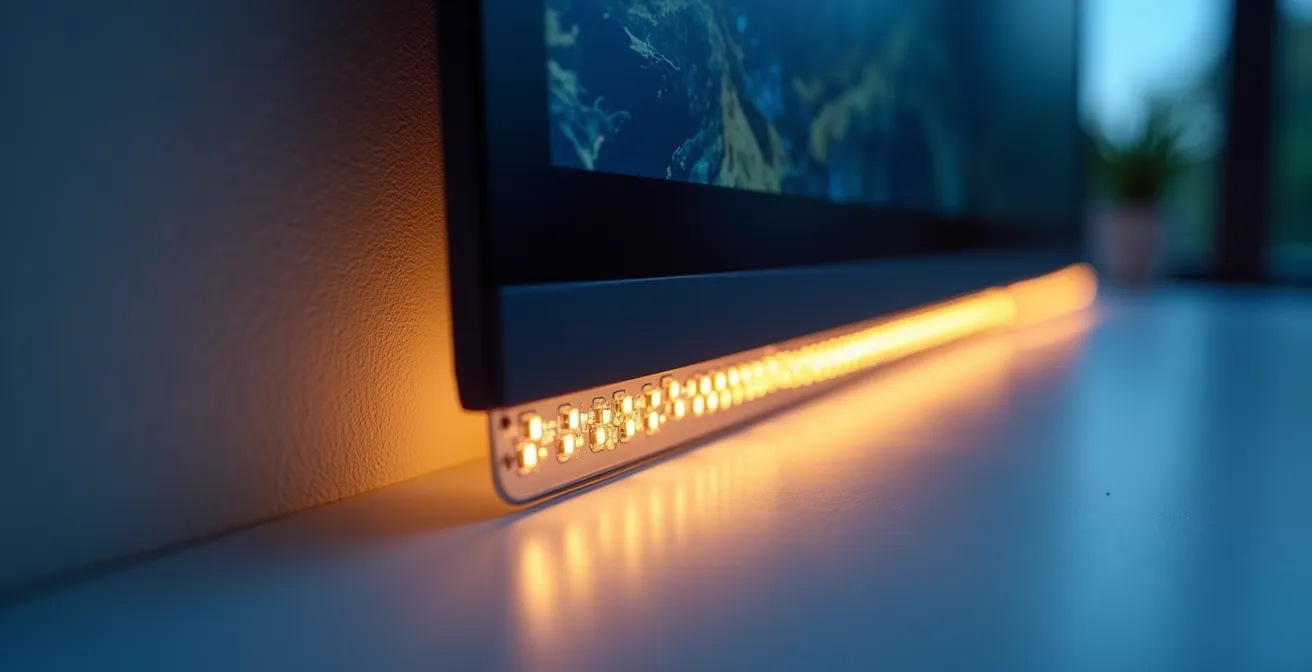 Configuration d'éclairage LED arrière 6500K installé derrière un moniteur gaming