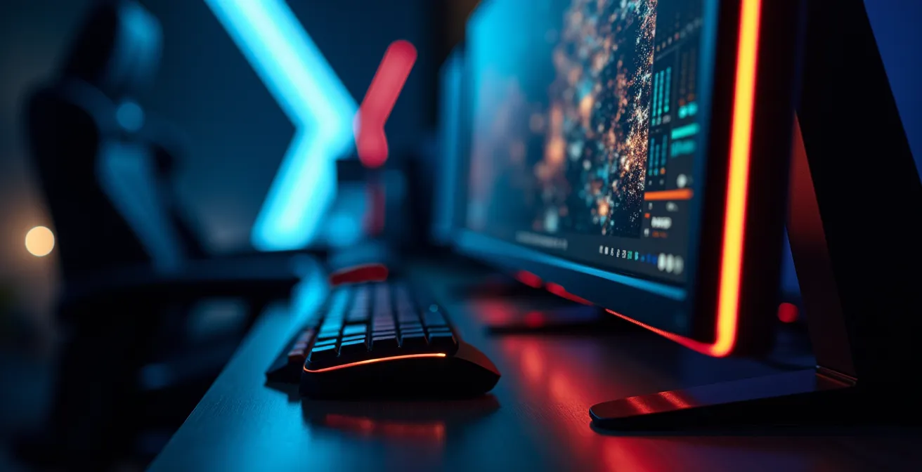 Vue gaming avec indicateurs visuels périphériques subtils pour monitoring système