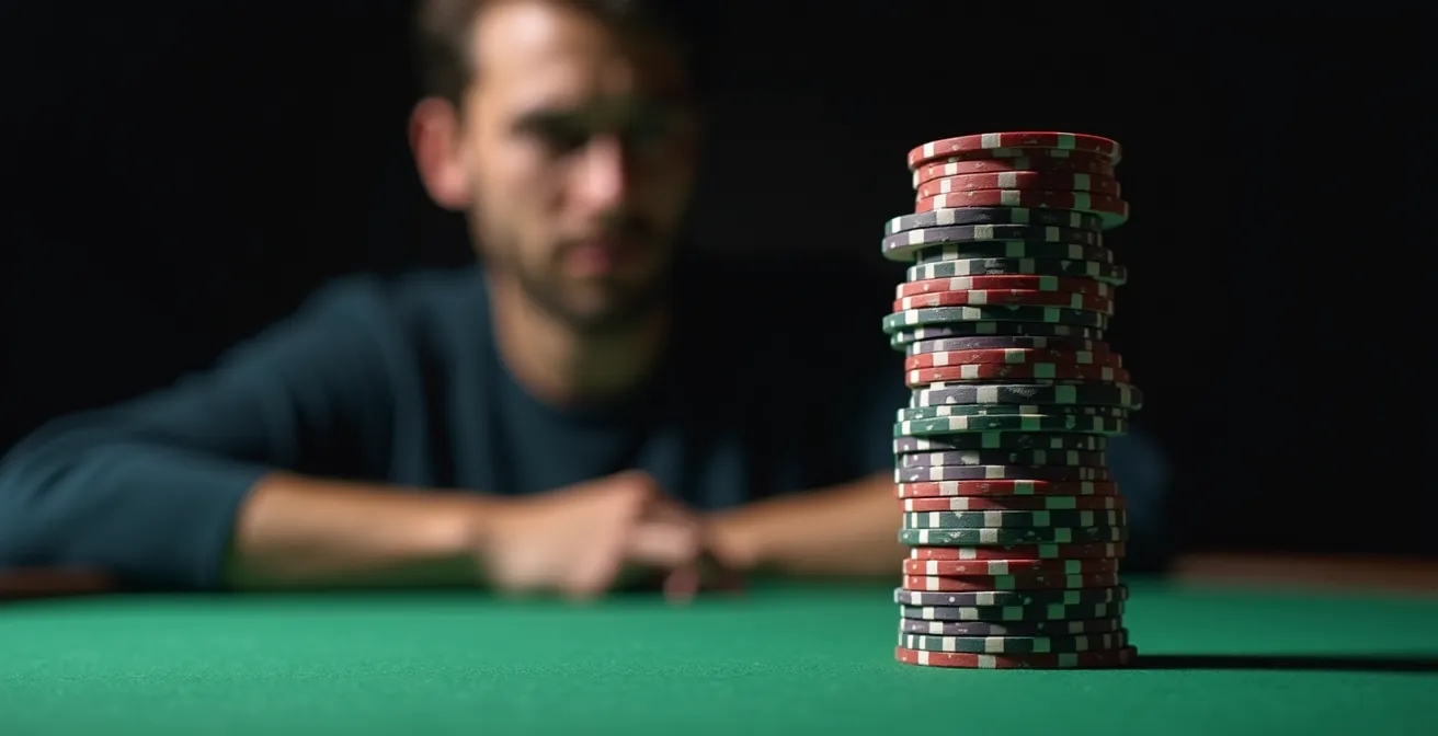 Tour de jetons imposante avec main hésitante en arrière-plan flou