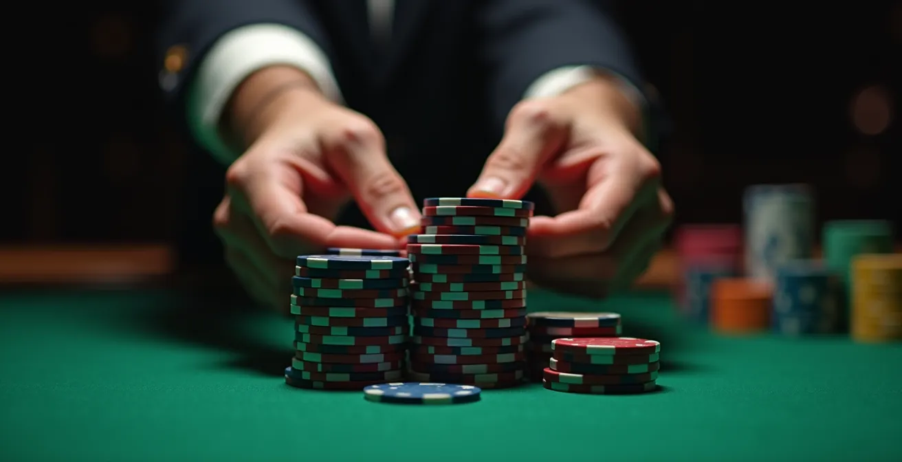Gros plan sur des mains poussant agressivement des jetons de poker vers le centre de la table