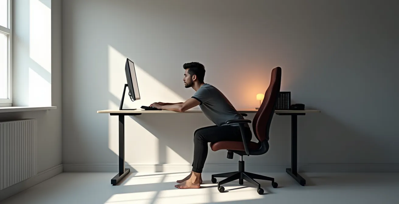 Vue d'ensemble minimaliste d'un espace gaming montrant la position ergonomique parfaite du joueur