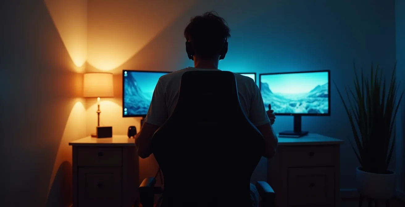 Joueur en position de relaxation avec étirements du poignet dans un environnement tamisé