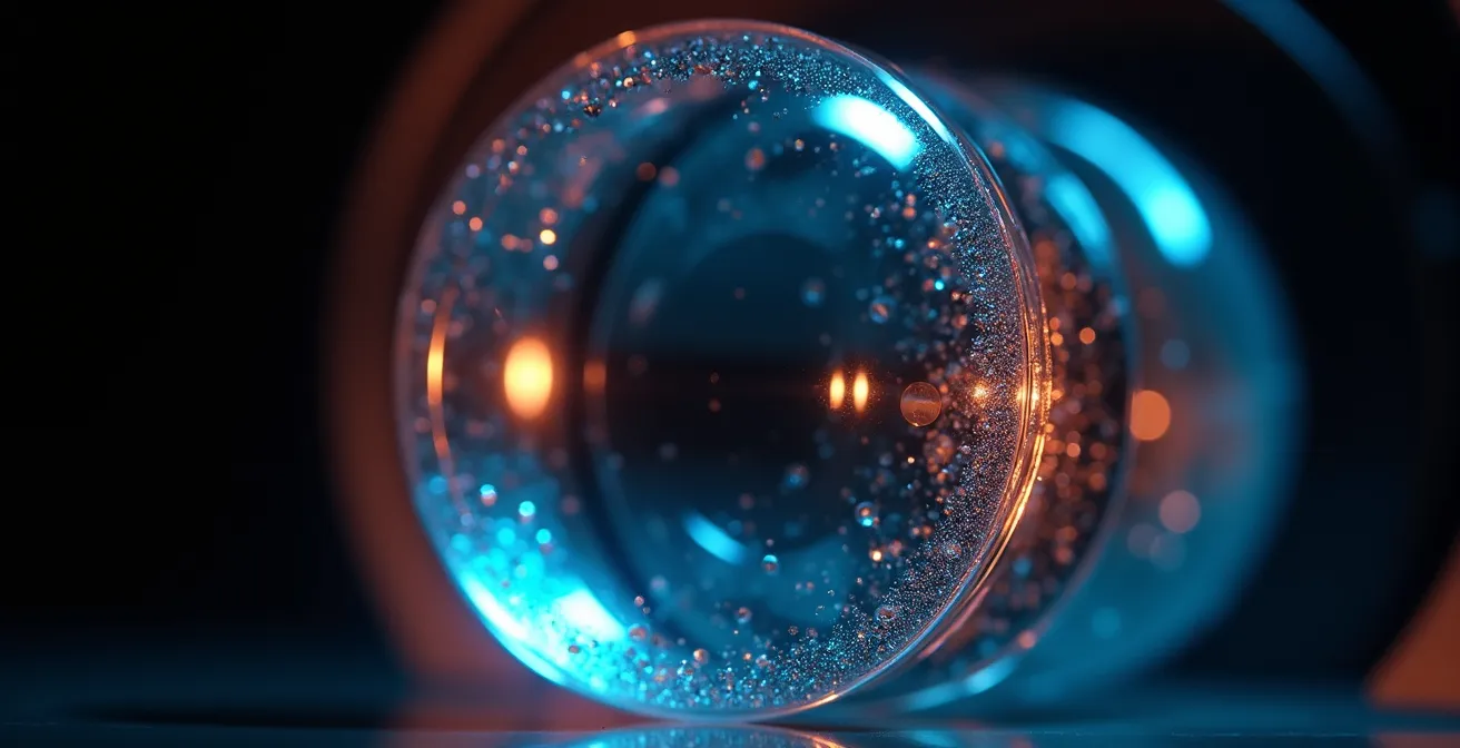 Vue macro d'une lentille asphérique de casque VR avec reflets colorés