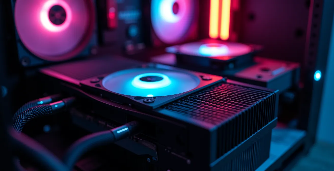 Vue thermique des composants VRM et CPU montrant les zones de température critique