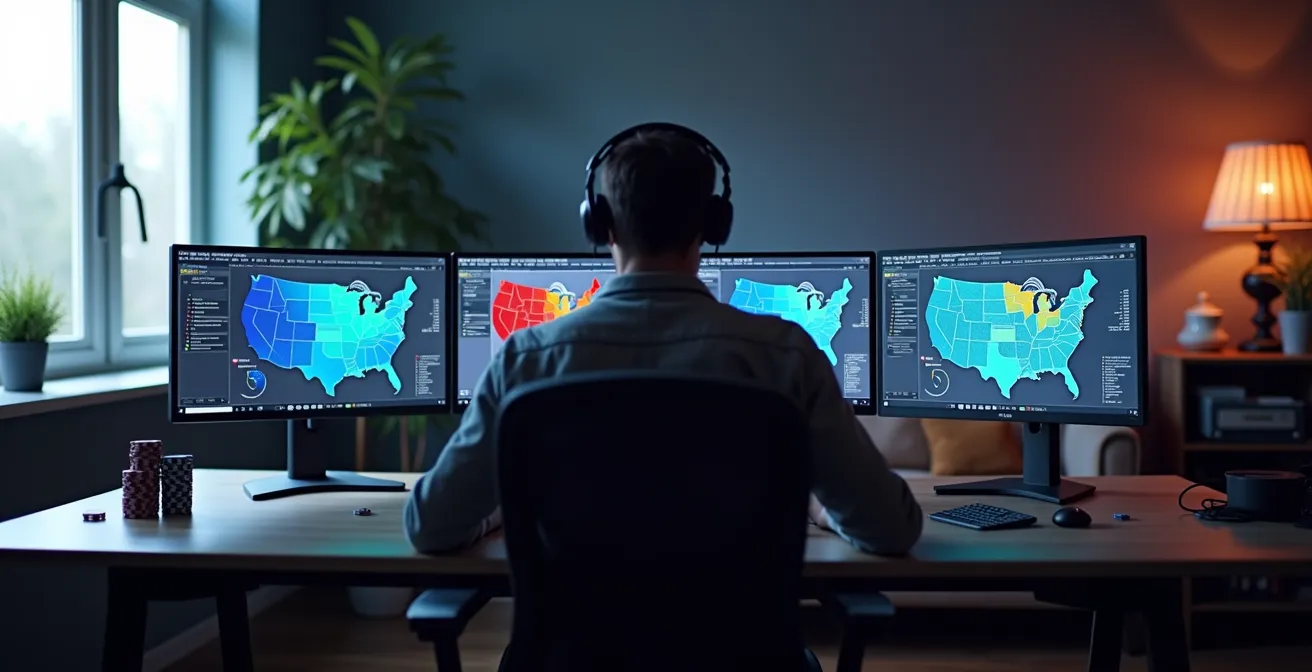 Bureau de joueur professionnel avec plusieurs écrans montrant des graphiques de probabilités et statistiques poker