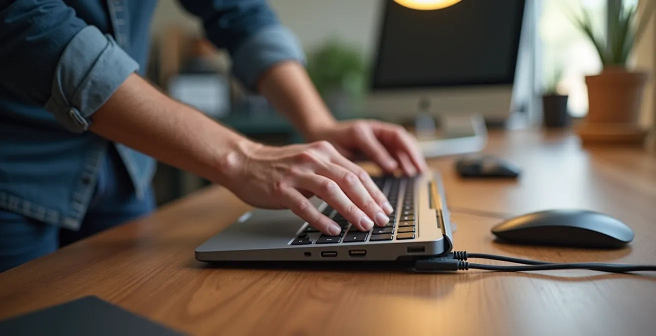 Configuration professionnelle avec station d'accueil connectée à plusieurs écrans