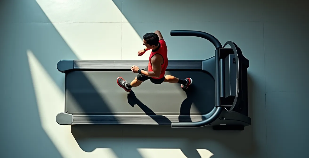 Vue aérienne d'un tapis de course montrant les dimensions et zones de sécurité