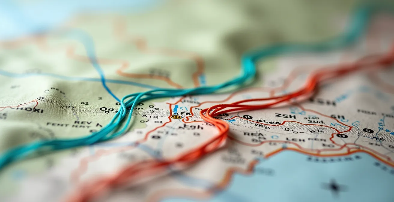 Comparaison visuelle de deux traces GPS sur une carte topographique, une lisse et une plus précise et erratique.
