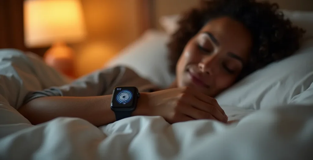 Personne pratiquant la cohérence cardiaque avec sa montre connectée avant le sommeil Personne pratiquant la cohérence cardiaque avec sa montre connectée avant le sommeil